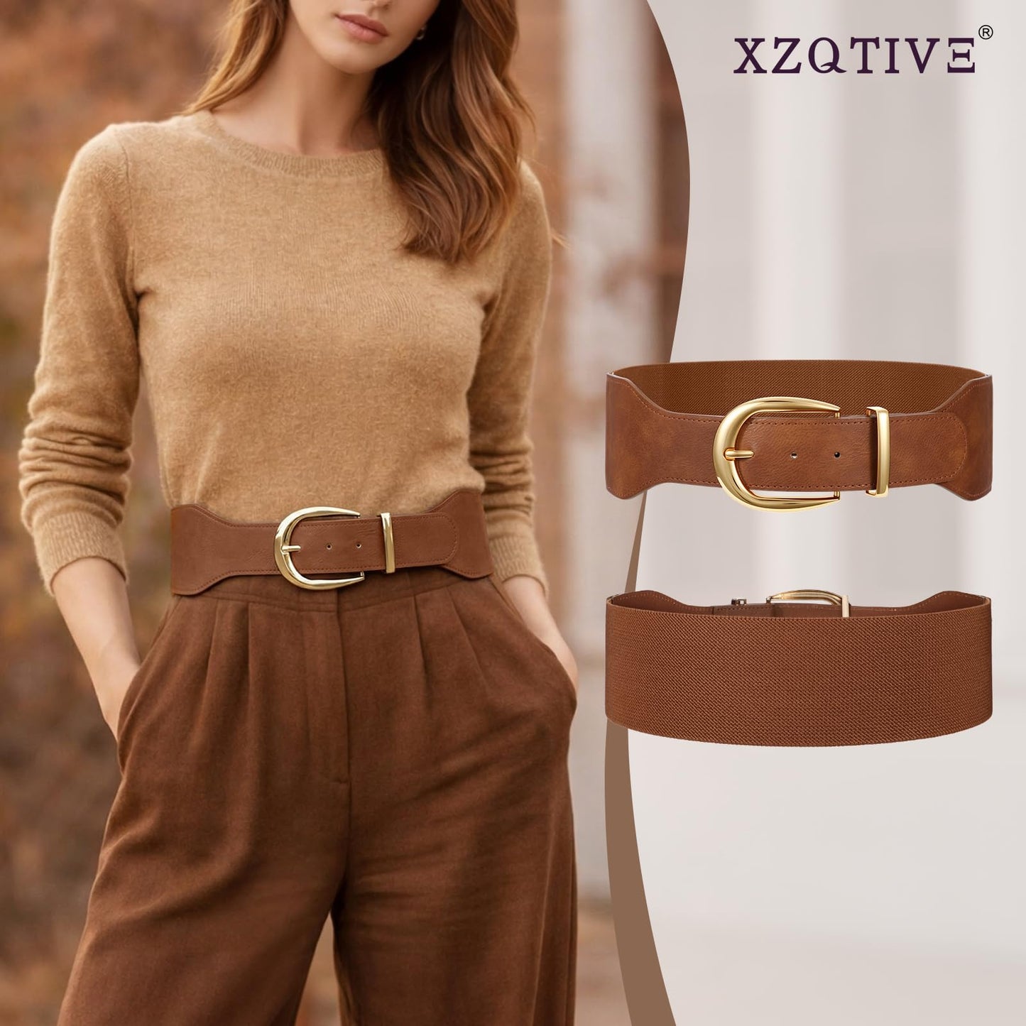 XZQTIVE Women Wide Elastic Waist Belt for Dresses Fashion Cinch Belts Stretchy Waistband with Gold Buckle, Brown(Fit Waist Size 34"-37")