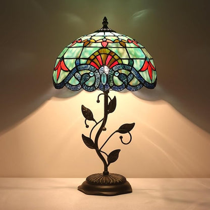Tiffany Style Table Lamp Handmade Stained Glass Bedside Lamp 12x12x20 inch Metal Leaf Base,Art Glass Lamp for Living Room, Bedroom, Office Decor(Baroque)