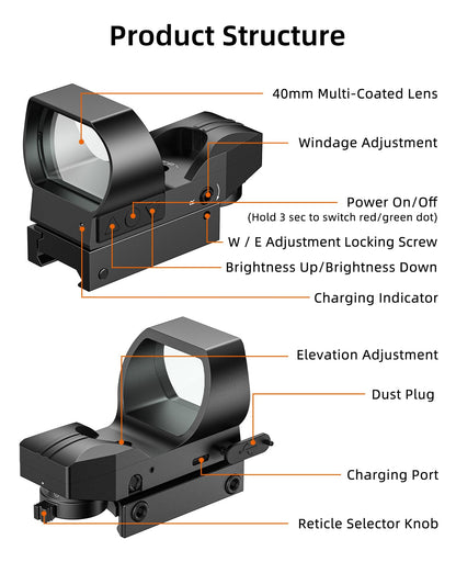EZshoot Rechargeable Motion Awake Multiple Reticle Red Green Dot Sight, 40mm (1.6") Large Lens Reflex Sight, Red Dot Scope Optics for 20mm Picatinny Rail, Paintball Sights with Absolute Co-Witness