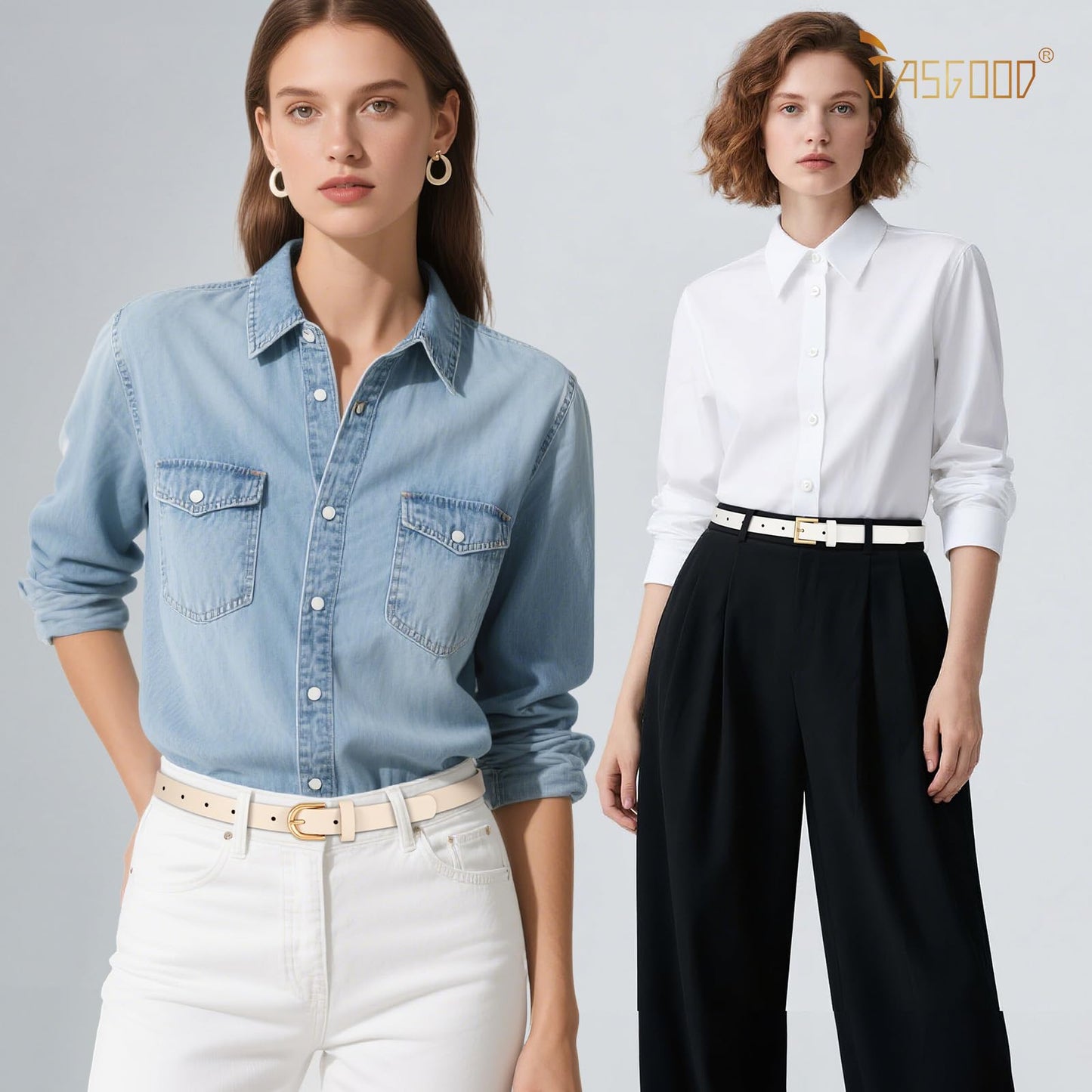 JASGOOD 4 Pack Women Skinny Leather Belt for Dresses with Gold Buckle Ladies Thin Waist Belt for Jeans Pants，Beige+White+Black+Blue