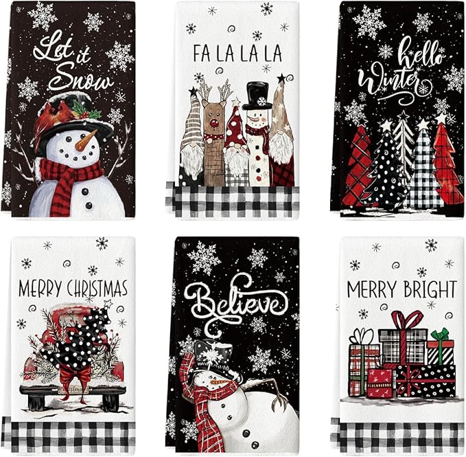 Artoid Mode Black Snowman Xmas Trees Santa Claus Truck Merry Christmas Kitchen Towels Dish Towels, 18x26 Inch Farmhouse Decoration Hand Towels Set of 6