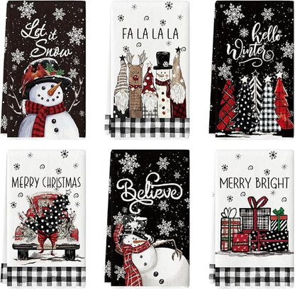 Artoid Mode Black Snowman Xmas Trees Santa Claus Truck Merry Christmas Kitchen Towels Dish Towels, 18x26 Inch Farmhouse Decoration Hand Towels Set of 6