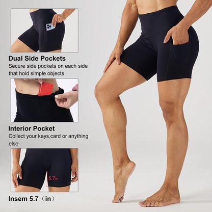 LOVESOFT Women's 5" High Waist Biker Shorts Workout Yoga Running Gym Compression Spandex Volletball Shorts with Side Pockets Black