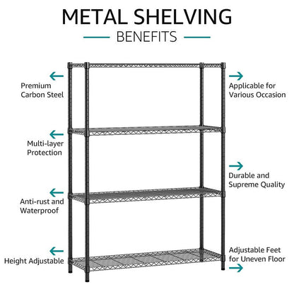 IZEUK 1400 LBS Garage Black Shelving Wide Storage Shelves 4 Tier Adjustable Heavy Duty Metal Wire Rack Standing Shelf Unit for Kitchen Office College Dorm Garage Warehouse 15.8" x 45.8"x 59.4"