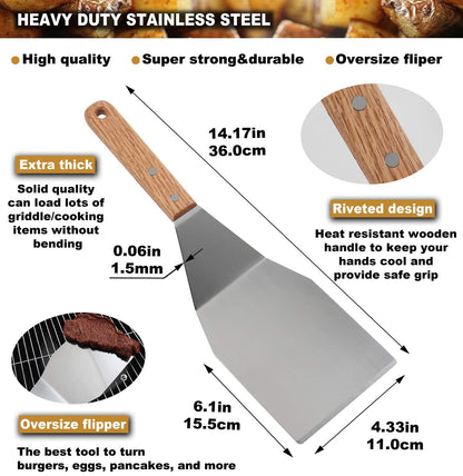 ROMANTICIST 8pcs Professional Griddle Accessories Kit - Heavy Duty Stainless Steel Grill Spatula Set for Grill Griddle Hibachi Flat Top Outdoor Cooking - Great Grill Gift on Birthday Wedding