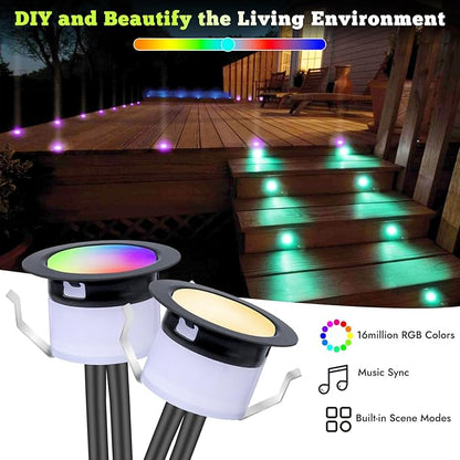 FVTLED LED Deck Lights Kit, 6pcs Φ1.22 WiFi Smart Phone Control Low Voltage Recessed RGBW Deck Lighting Waterproof Outdoor Yard Path Stair Decor, Black