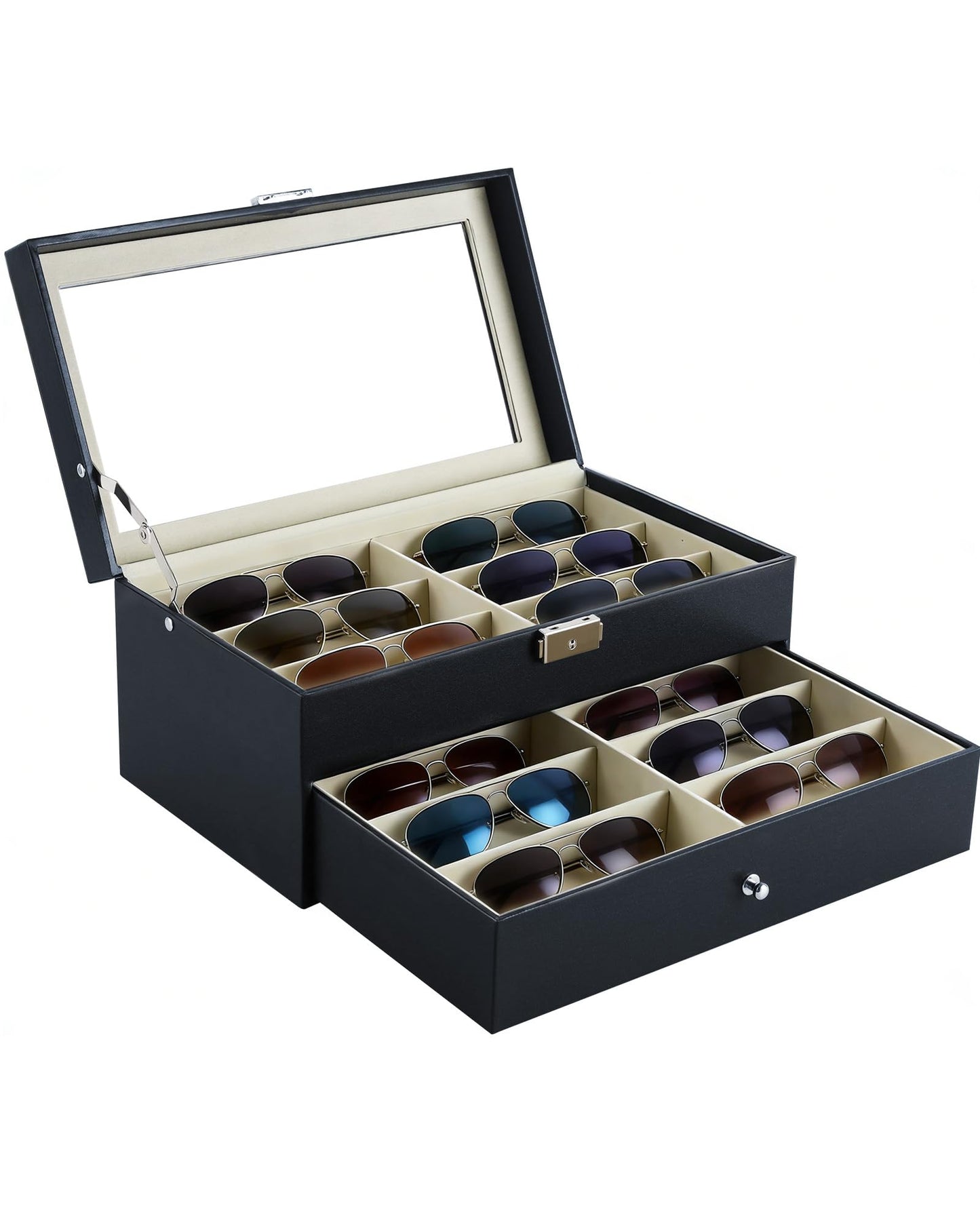 Anfrere 12 Slot Sunglasses Organizer, Lockable Leather Multi Eyeglasses Organizer with Drawers, Eyeglass Frames with Clear Glass Covers for Watch Jewelry Collection, Black