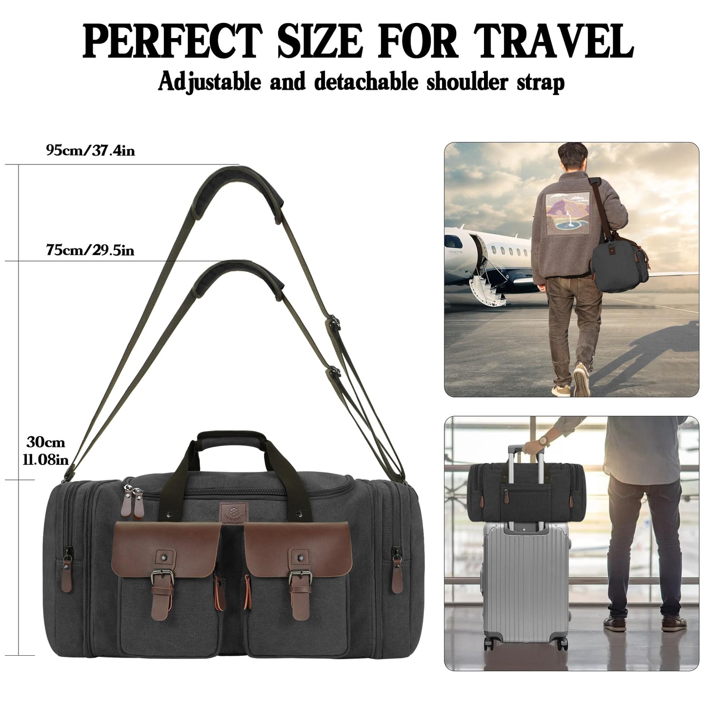 Densata Canvas Duffle Bag for Men 50L Travel Duffel Bags Expandable Genuine Leather Overnight Weekender Carry On Bag Two Zipper Pockets Travel Bag (Black, Large-50L)