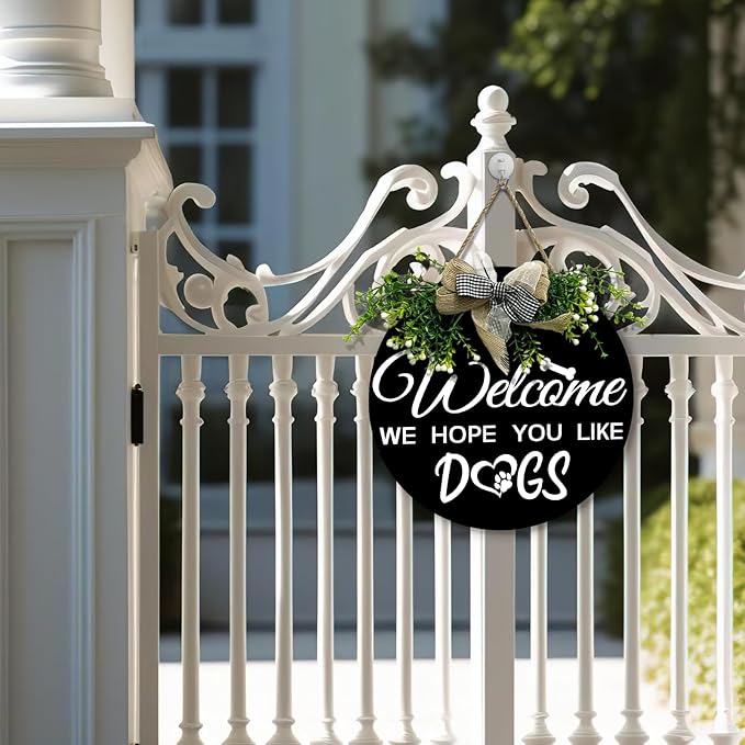 Welcome We Hope You Like Dogs Sign Dog Round Signs for Front Door with Bow and Wreath Farmhouse Bones Hanging Sign or Dogs Lovers Spring Summer Seasonal Decor Housewarming Gift 12 Inch