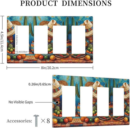 Decorative Art Light Switch Covers Mexican Sombrero & Serape Vibes 4 Gang Rocker Decora Outlet Covers Electrical Faceplate GFCI Wall Plate for Home Decor