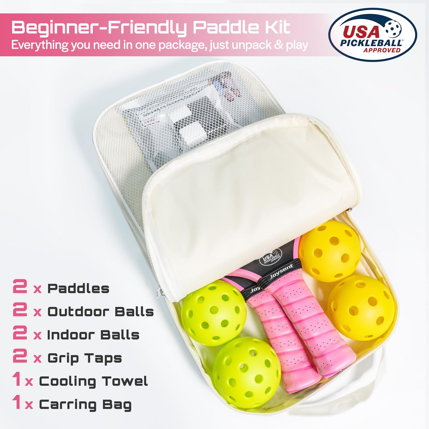 Joysent Pickleball Paddles Set, USAPA Approved Carbon Fiber Pickleball Set of 2 with Beginner Pickleball Rackets, Indoor Outdoor Pickle Balls for Adults Men Women, JT-1