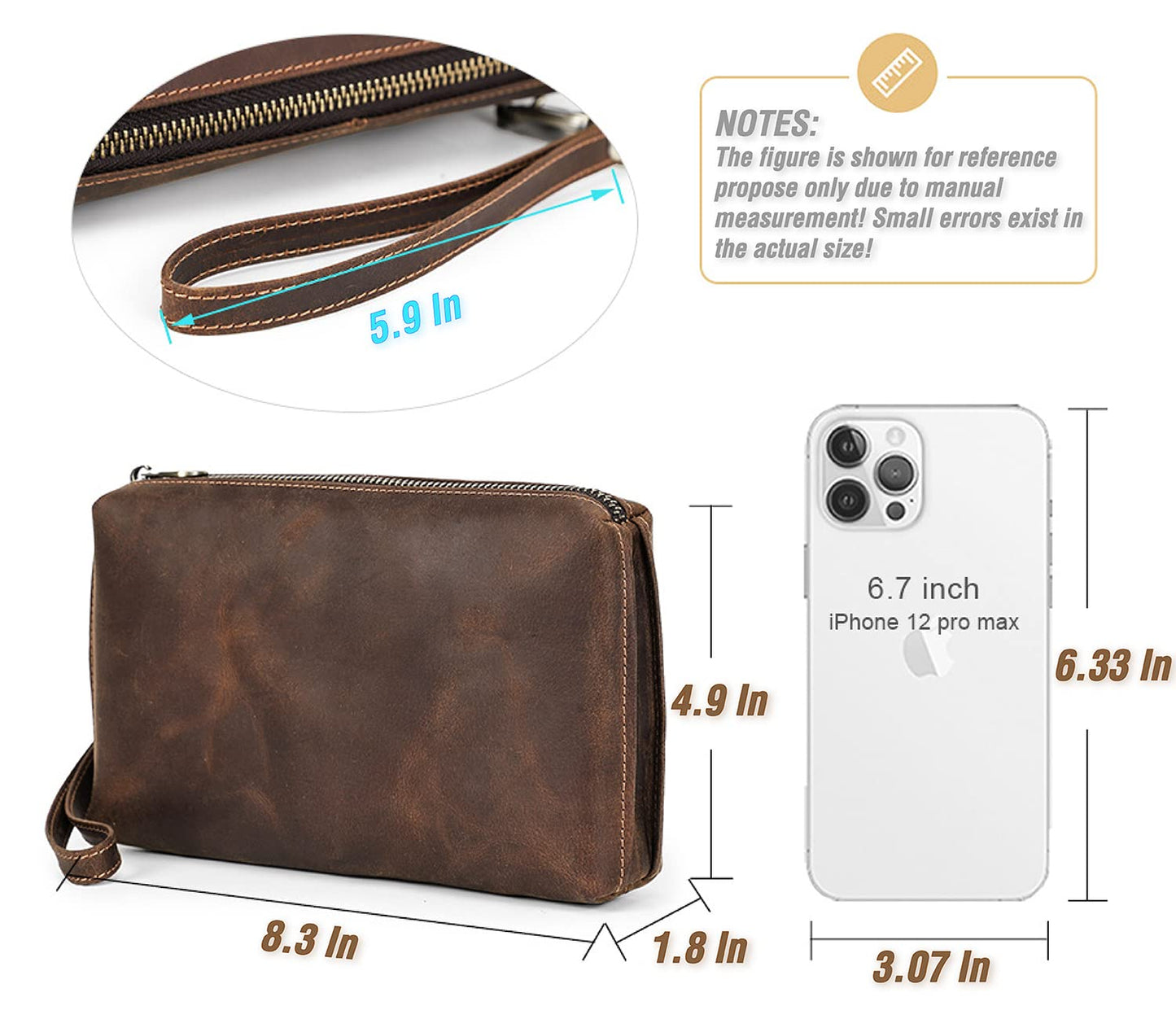 Top Grain Genuine Leather Clutch Wallet with Wristlet for Man & Woman, Handmade Simple Retro Vintage Design, Multi Pockets & Card Slots, RFID Large Capacity for Cards/ID/Checks/Banknote/Phone, Coffee
