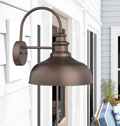Bestshared Gooseneck Barn Light 14 Inch Dome Farmhouse Wall Sconce, Outside Wall Mounted Light, Exterior Lighting Fixture, Porch Lighs for Entryway, Garage,Patio (ORB+Gold, 14” Dome-2Pack)