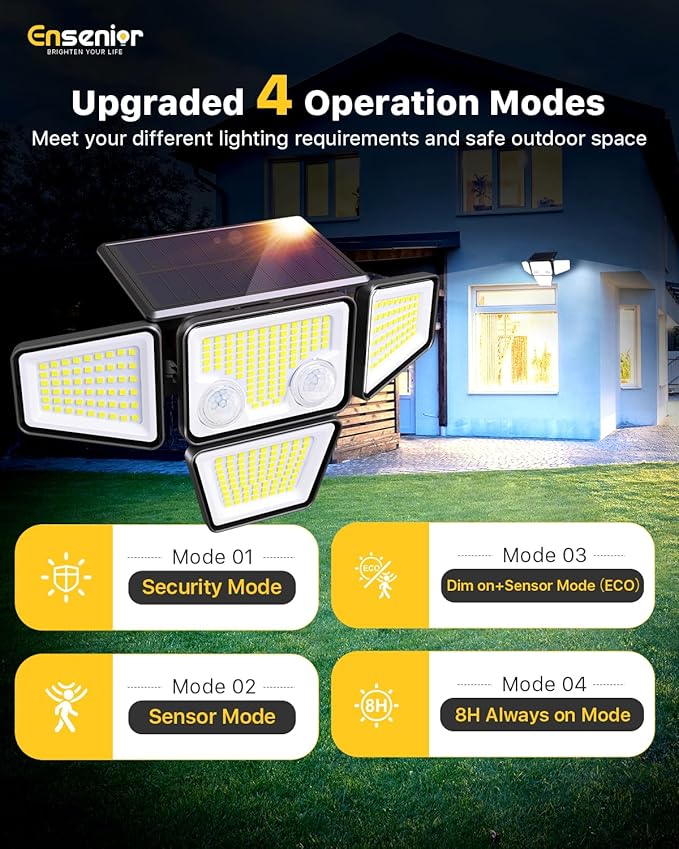 Ensenior Solar Lights Outdoor, IP65 Waterproof Motion Sensor Outdoor Light with Remote Control, 279 LED 4 Heads Solar Security Light with 4 Mode, 270° Wide Angle Solar Flood Light for Outside, 4 Packs