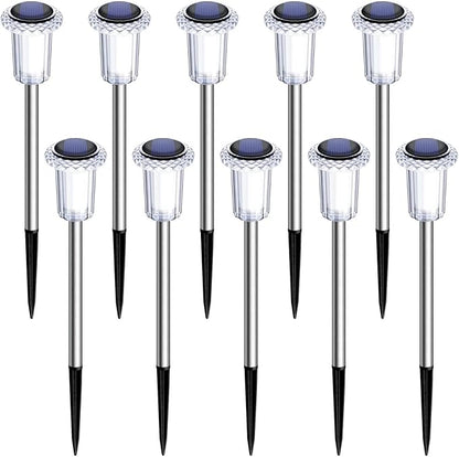 DenicMic Solar Lights Outdoor 10 Pack Waterproof 6000K Cold White LED Stainless Steel Stake for Pathway Yard Garden Driveway Solar Powered Outside Christmas Decor