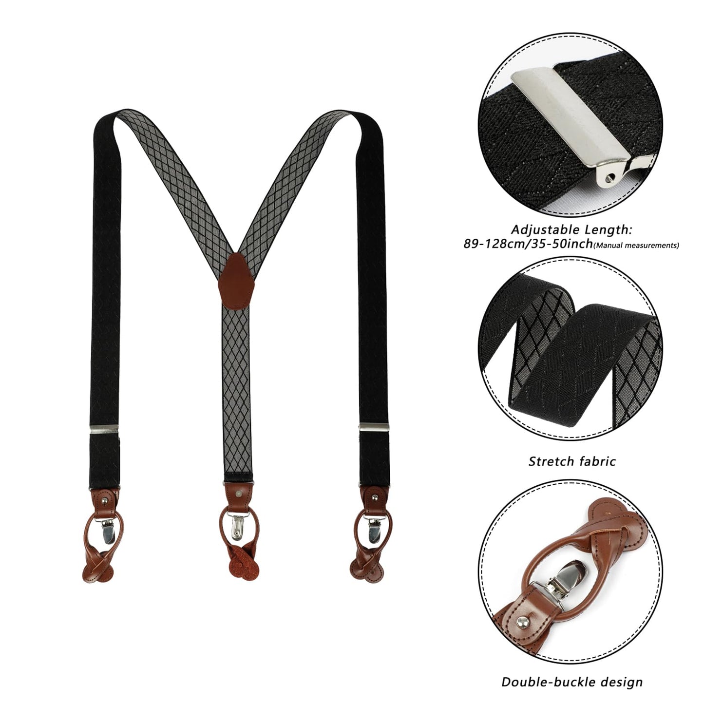 LEHOMU Men Suspenders Adjustable,1.4 Inch Wide Heavy Duty Y-Back Elastic Tuxedo Elastic Mens Suspenders with Leather Buttons and 3 Metal Clips,Black and Grey Stripe