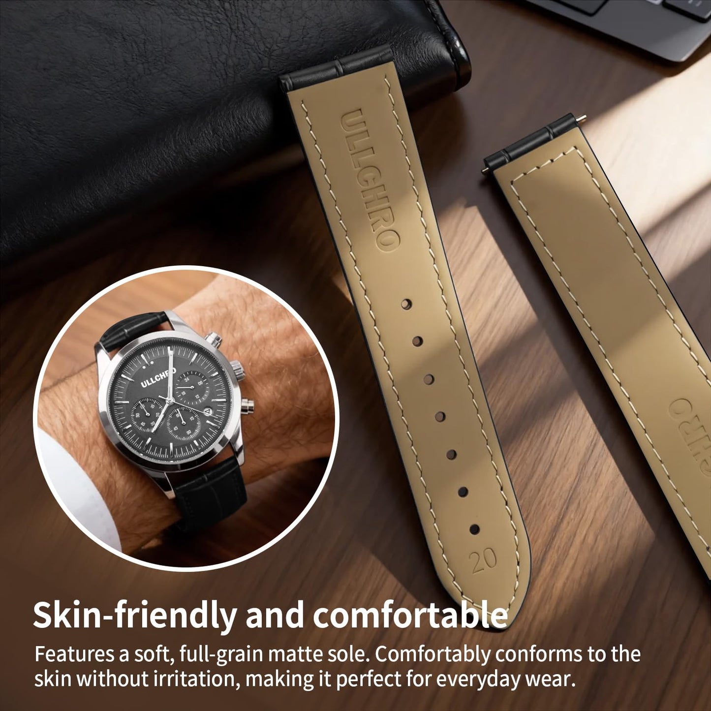 ULLCHRO Genuine Leather Watch Strap Deployment Clasp, 22mm Leather Watch Band for Men Women, Soft Ultrathin Classic Replacement, Premium Cowhide Vintage Stylish Accessory (20mm, Black)