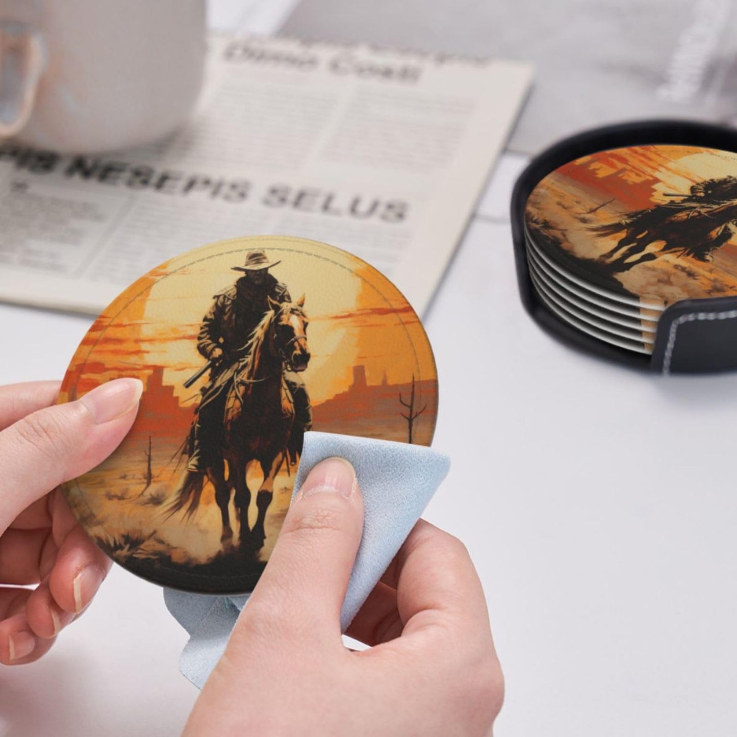 Famame 6 Pcs West Desert Cowboy Sunset Leather Coasters for Drinks with Holder Coaster Sets Drink Table Cup Coasters for Living Room Kitchen Coffee Decor