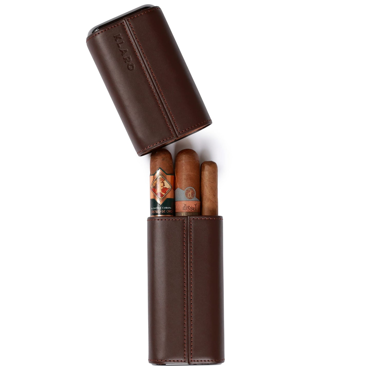 CASE ELEGANCE Premium 3 Cigar Protective Travel Case, Genuine Real Top Grain Brown Leather, Cedar Lined with Gold Metal End Caps, Gift Ready Packaging, Portable Travel Box