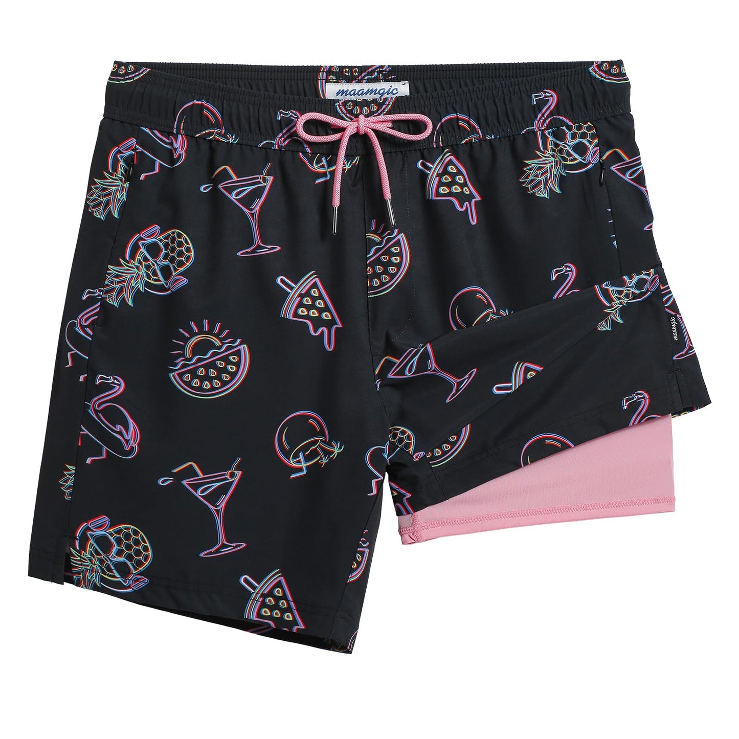 maamgic 2 in 1 Mens Swim Trunks 7 Inch Swim Shorts Swim Suits Board Shorts Party Night-Black X-Small