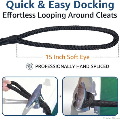PACTHSD 2 Pack 3/4" x 25' Dock Lines - Marine Grade Nylon Boat Rope with 15" Loop for Docking and Mooring - Double Braided Boat Lines, High Strength, Easy Handling, Fray Resistant - Black