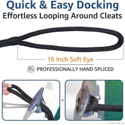 Boat Dock Lines 5/8" x 15' - Double Braided Nylon Boat Ropes for Docking with 15" Loop, Marine-Grade High Strength Boat Lines Dock Rope, Premium Marine Rope Mooring Lines, Easy Handling - 4 Pack,Black
