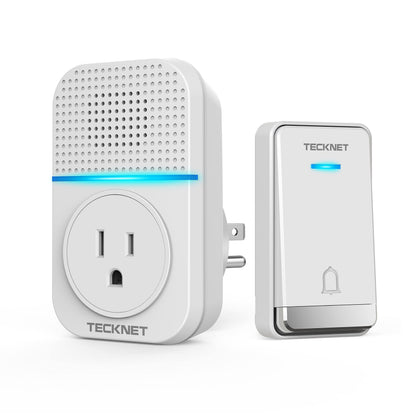 TECKNET Wireless Doorbell, Self-Powered Doorbell, 0-110db Plug-through Wireless Doorbell Ringer for Homes Classroom, IP66 Waterproof 1300ft Door Chime with Extra Socket, 60 Chimes, LED Light (White)