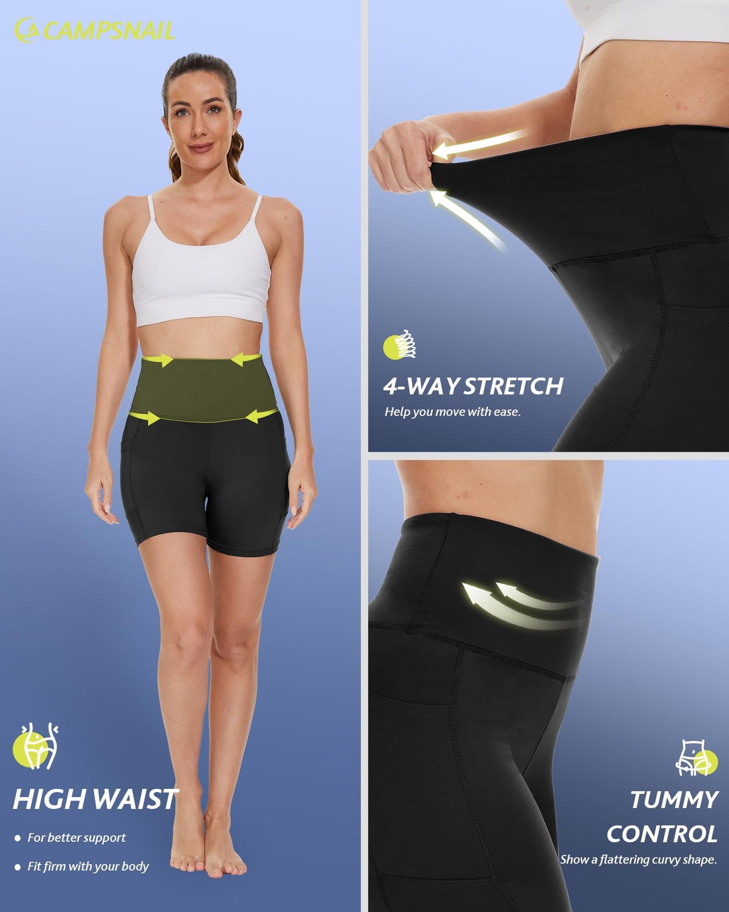 CAMPSNAIL Biker Shorts Women with Pockets - 3"/5"/8" High Waisted Workout Spandex Tummy Control Gym Running Yoga Shorts