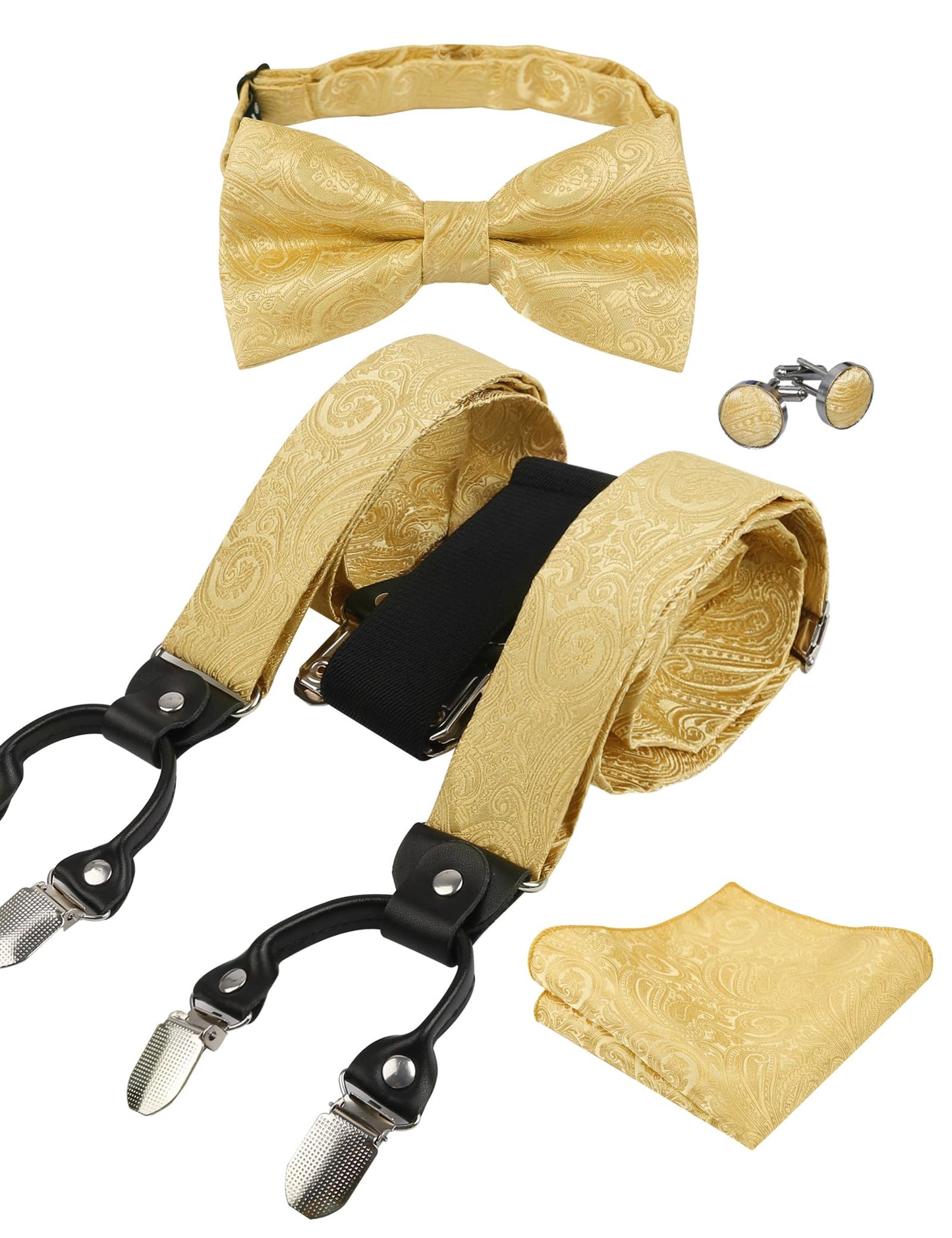 Alizeal Mens Paisley Suspender and Bow Tie, Hanky, Cufflinks(Golden-1)