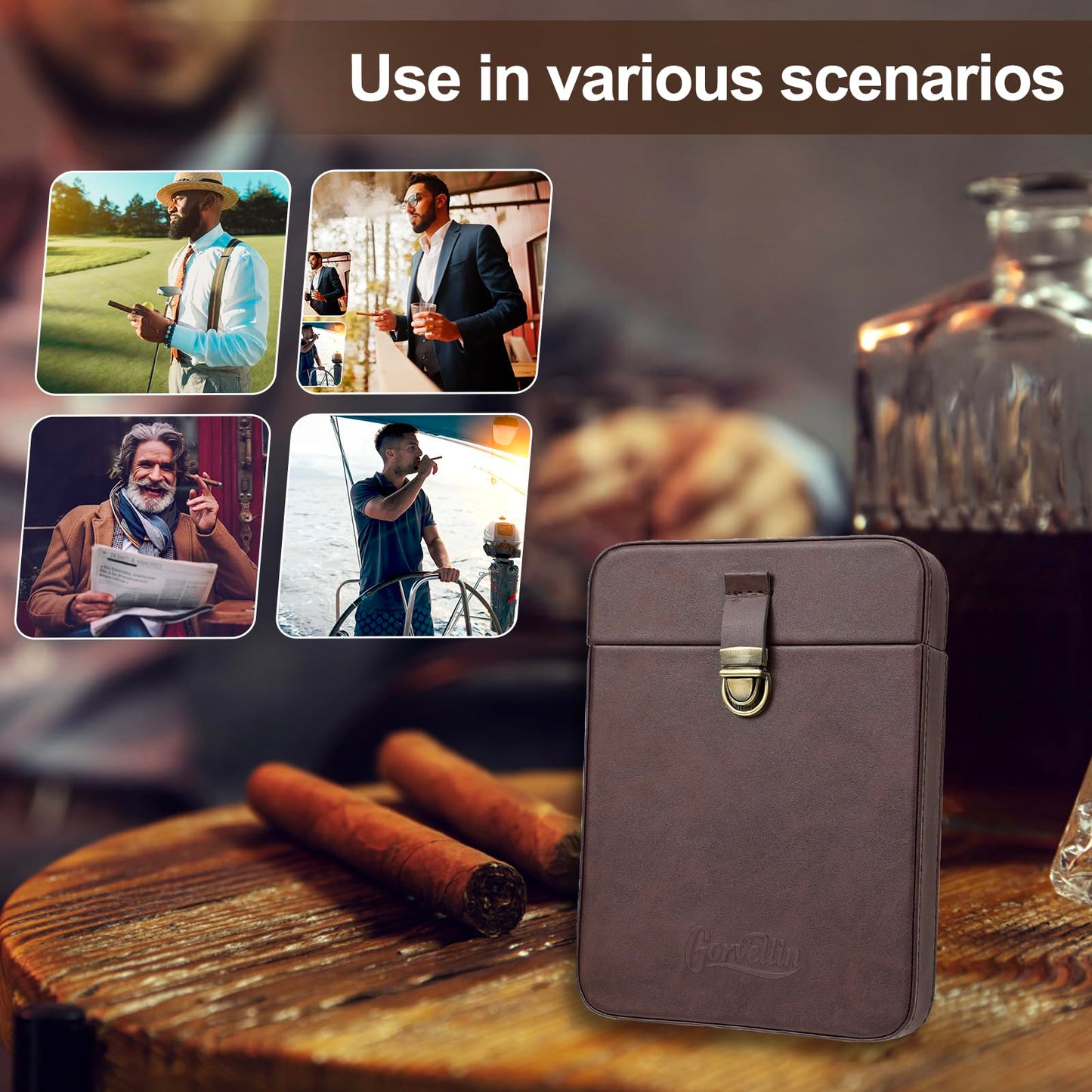 Gorvellin Cigar Case with Cutter, 2-in-1 Portable Cigar Travel Holder for 6 Cigars, Premium Cigar Accessories Gift Set for Men, Fathers, and Business Trips