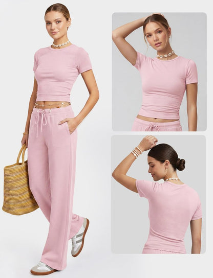 Flevita Womens 2 Pcs Sets Summer Travel Outfits T-shirts and 31" Wide Leg Pants Comfortable Airport Lounge Wear Set with Pockets Pink M