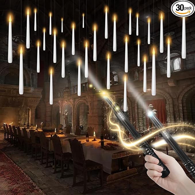 Flameless Floating Candles with Wand，30 Pcs Magic LED Hanging Taper Candles，Flickering Battery Operated Taper Candle with Wand Remote for Halloween Decorations Best Gift（White）