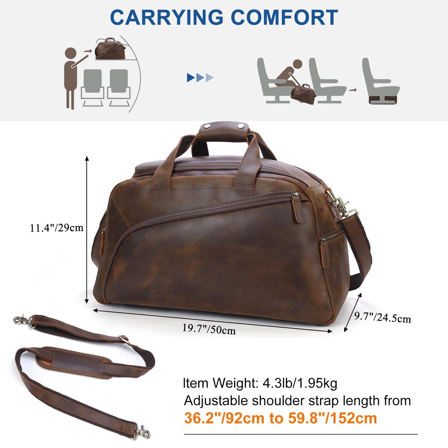 TIDING Full Grain Leather Duffle Bag for Men - 20 Inch TSA Approved Carry On Weekender Overnight Travel Duffel Bags
