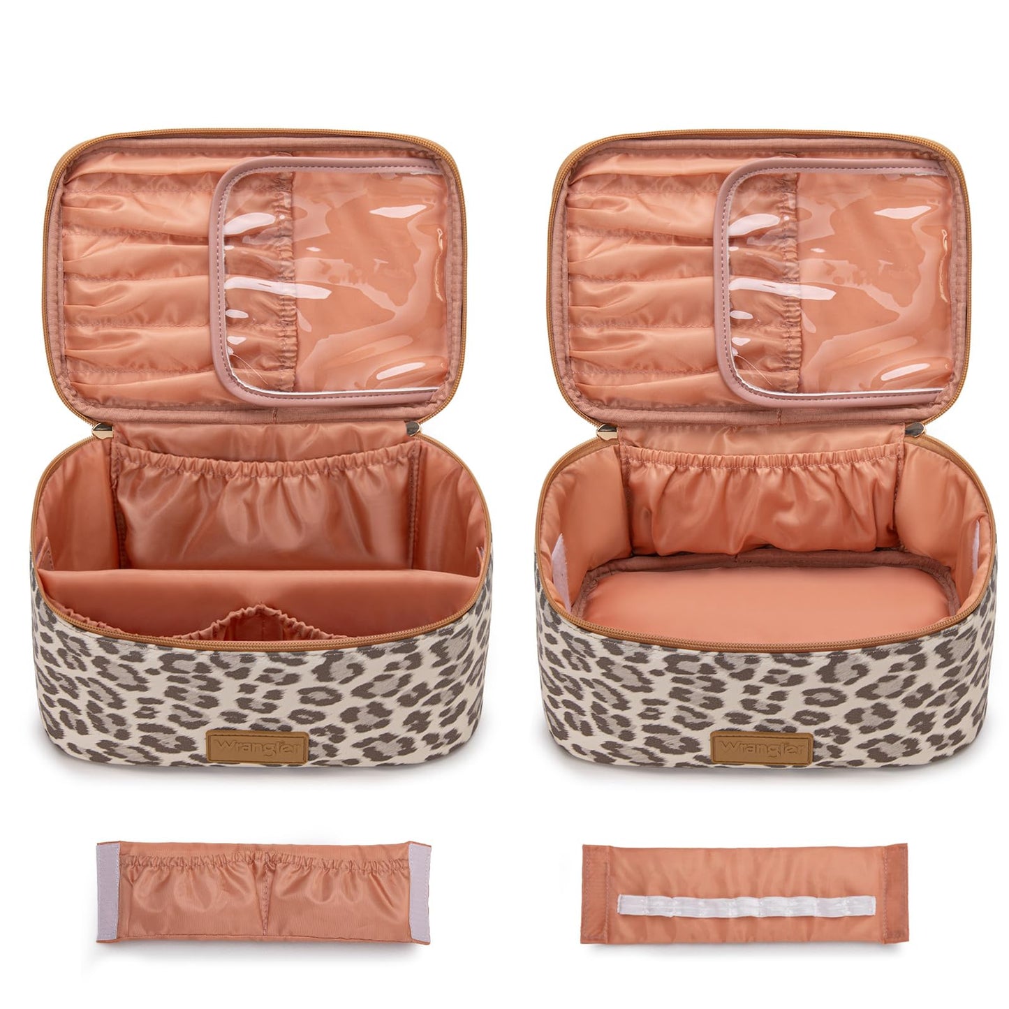 Montana West X Wrangler Travel Makeup Bag 2pcs Set Large Cosmetic Bag with Makeup Brush Holder Portable Make Up Organizer Cute Toiletry Bag with Divider and Handle for Women Leopard