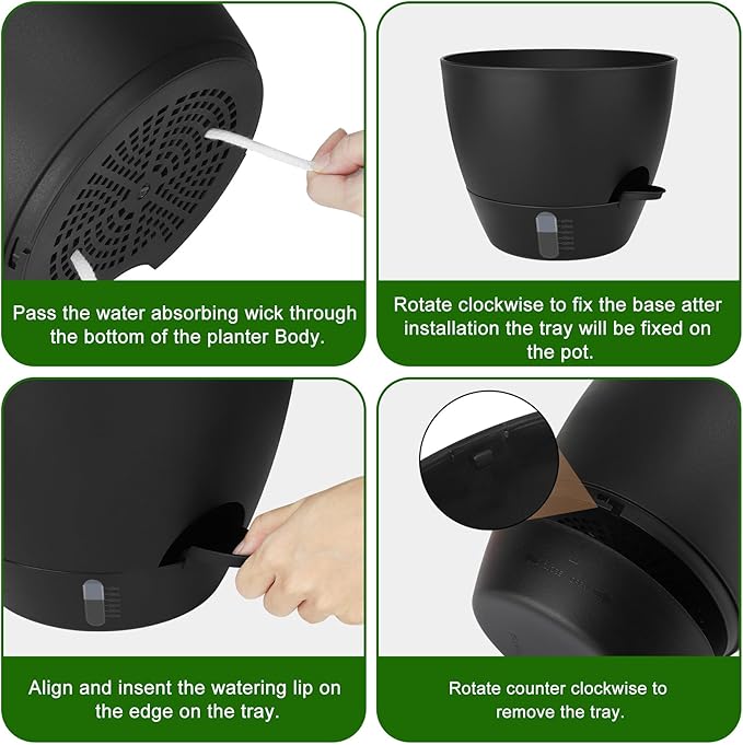 Self-Watering Plant Pots with Water Level Indicator, Drainage Holes & Saucers – 12/10/9 Inch Large Plastic Planter Set for Indoor & Outdoor Plants (Pure Black)