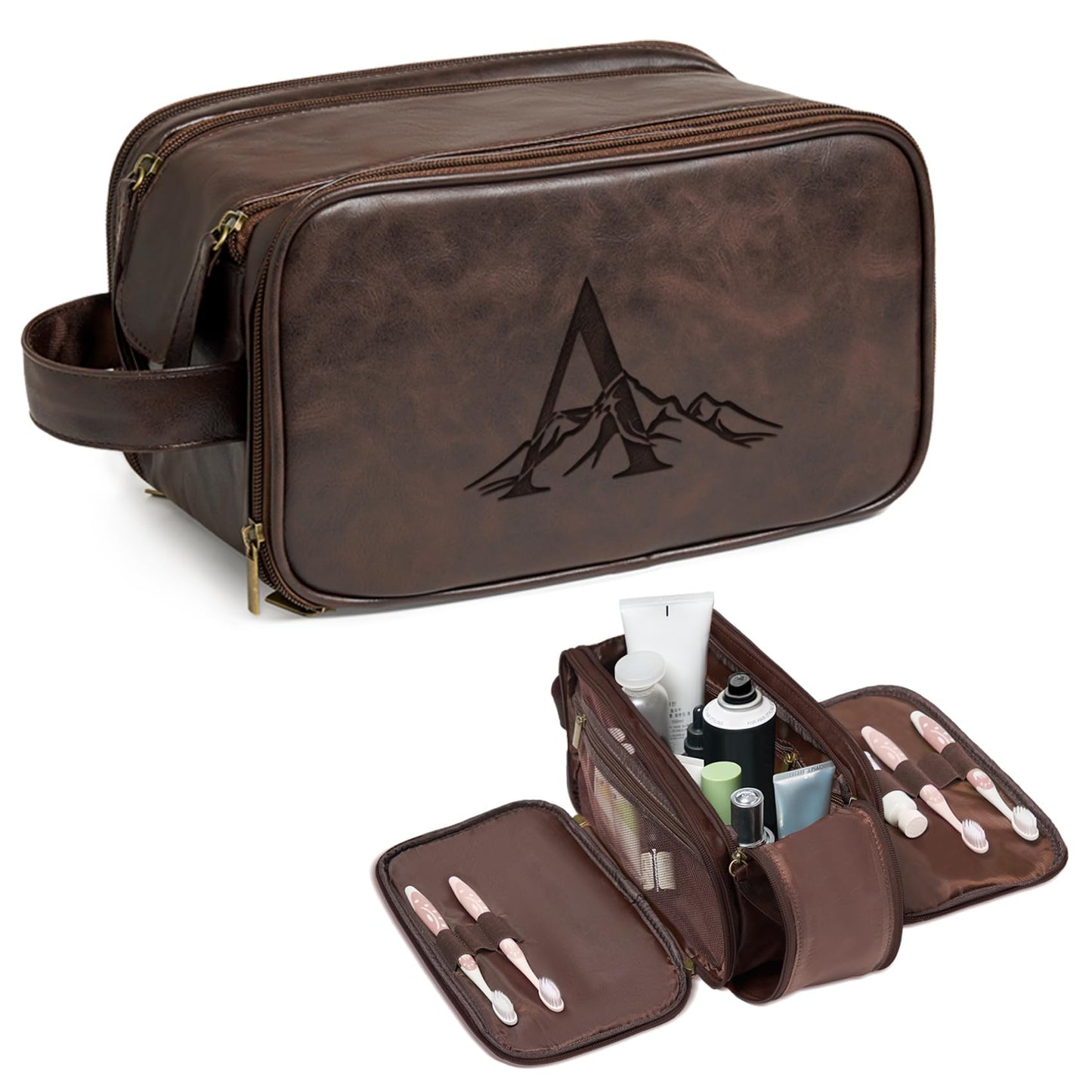 Janhavi Travel Toiletry Bag For Men Waterproof, Groomsmen Gifts Personalized Leather Engraved Initials & Mountain, Mens Dopp Kit Bag, Birthday Gifts For Men, Travel Tssentials (Dark Brown A)