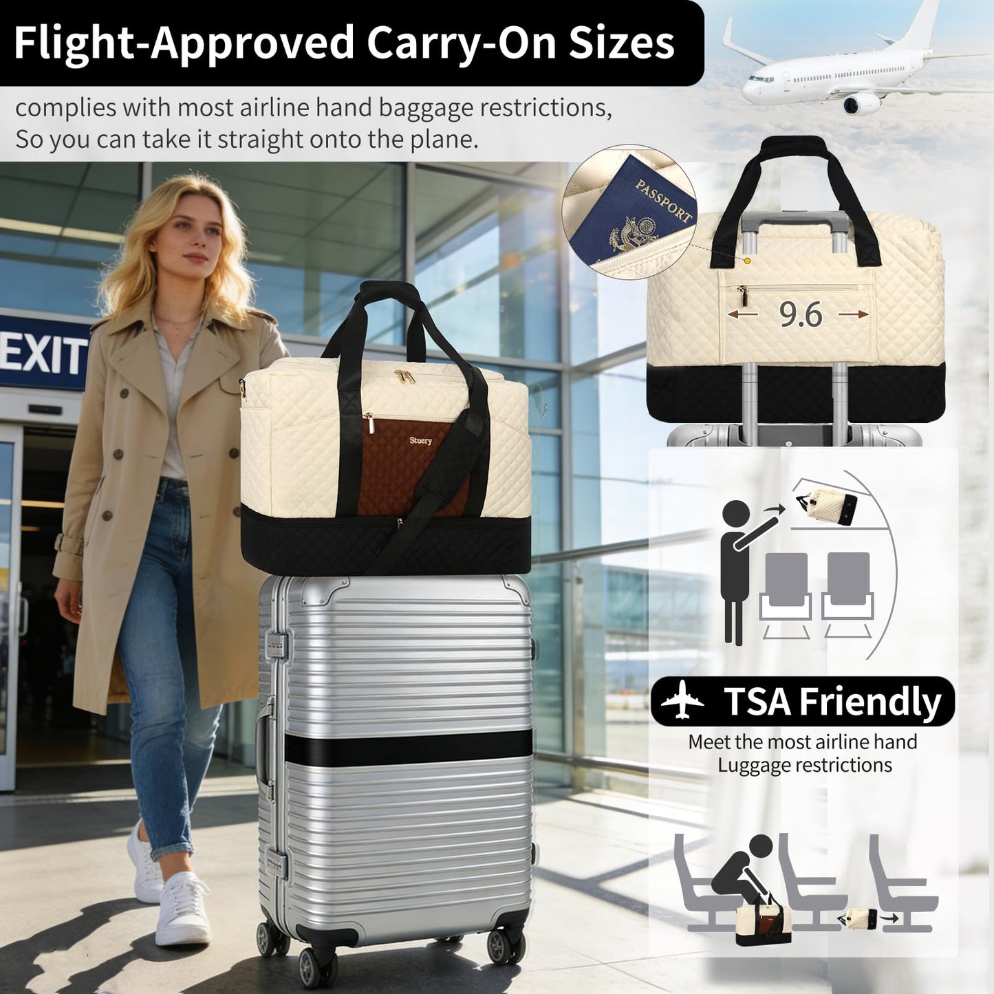 Stuery Weekender Bags for Women with Toiletry Bags: Large Overnight Bags Travel Duffel Bag Carry On Shoulder Weekend Tote with Shoe Compartment and Wet Pocket for Girls Airplane Traveling