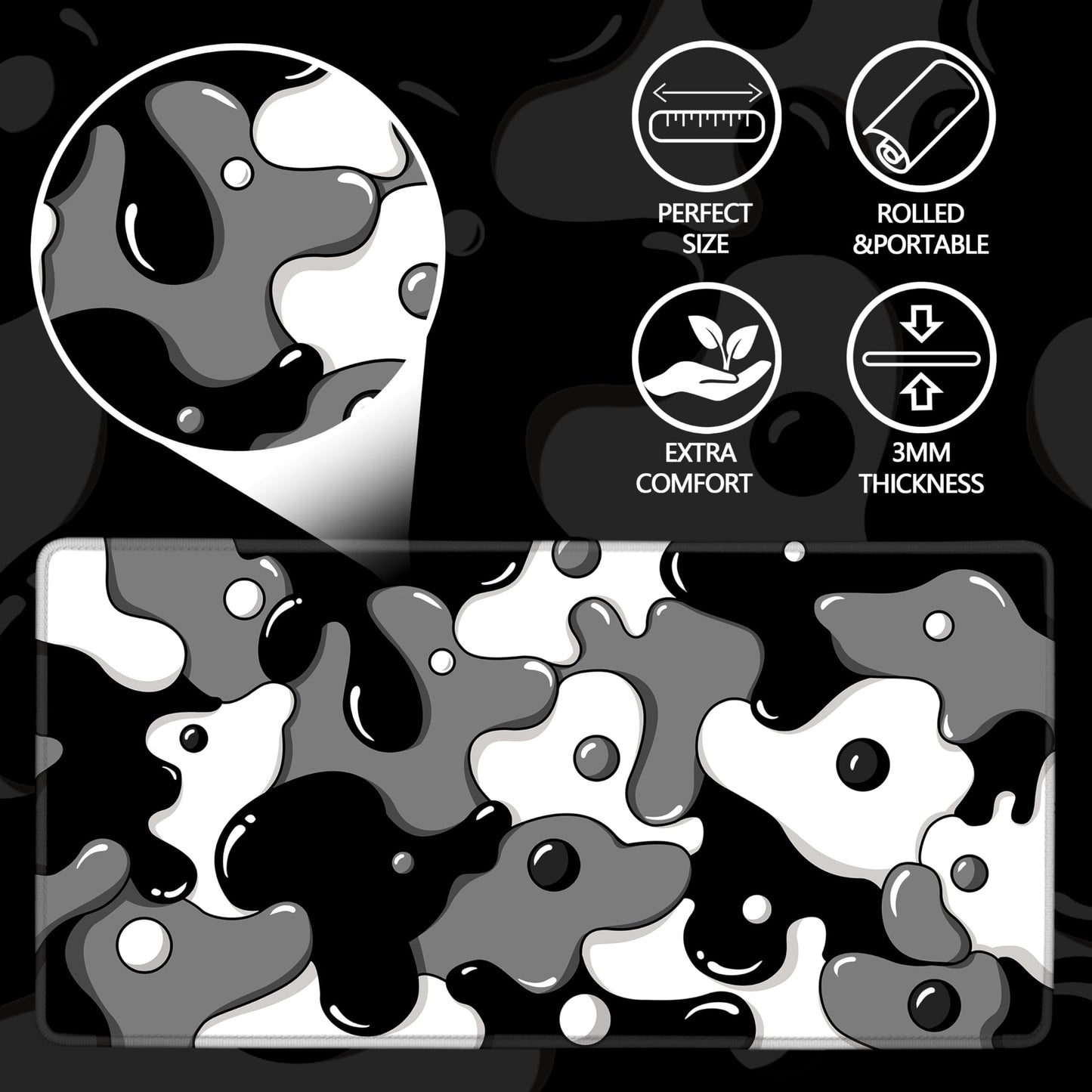 MEWOOCUE® Gaming Mouse Pad for Desk,Large Cute Black White Mousepad Laptop,Japanese Grey Anime Mouse Mat,Long XXL Waterproof Keyboard Pads,Big Non-Slip Mouse Pads for Game Office Home（31.5 x 15.7 in）