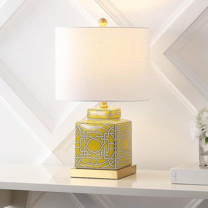 JONATHAN Y JYL3044C Catherine 22" Modern Transitional Ceramic/Metal Square Ginger Jar LED Table Lamp, Yellow/White for Bedroom, Living Room, Office, College