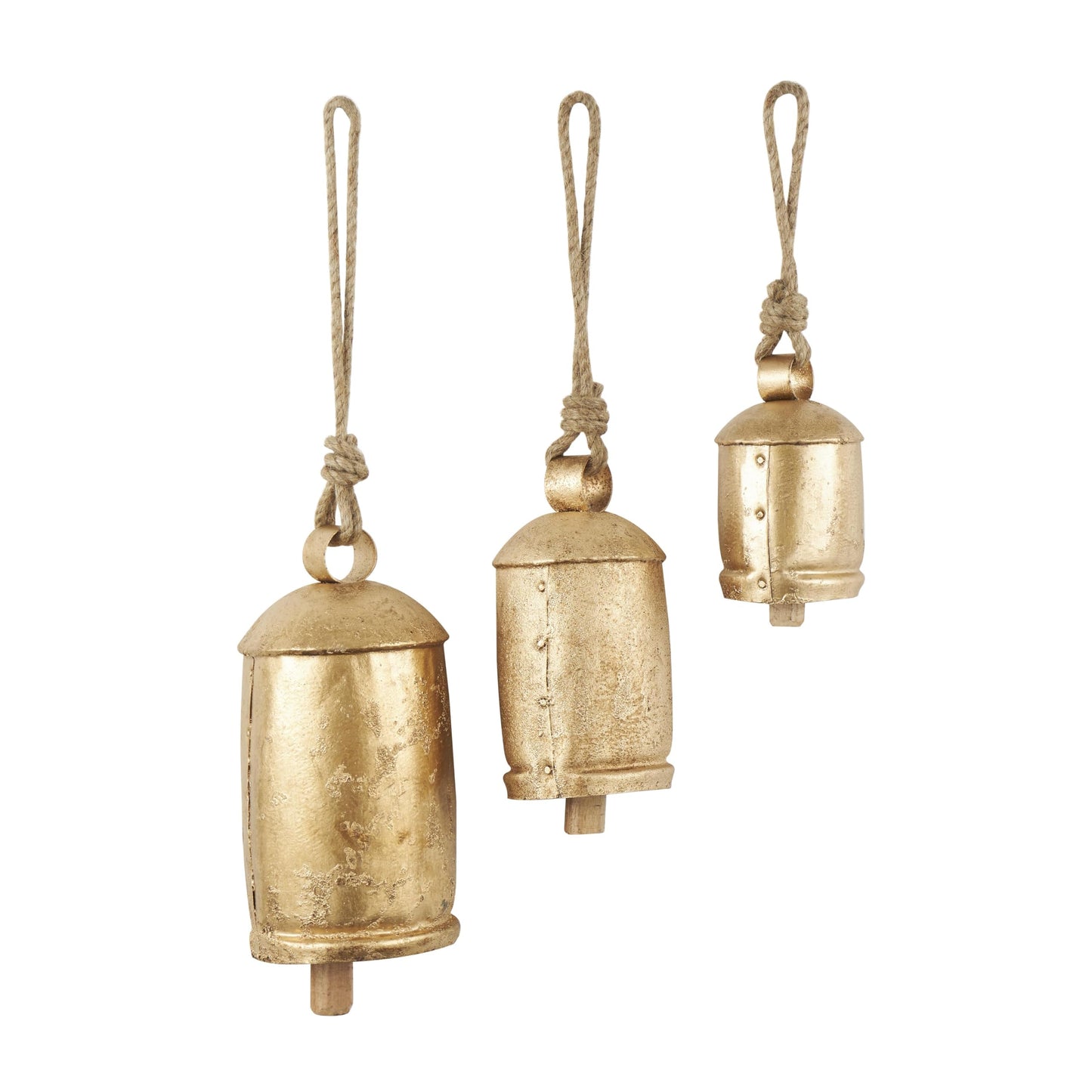 Deco 79 Metal Tibetan Inspired Decorative Cow Bells with Jute Hanging Rope, Set of 3 10", 7", 5"H, Gold