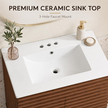 LUXEYARD 24 Inch Bathroom Vanity with Sink, Walnut Fluted Freestanding Bathroom Vanity Cabinet with Ceramic Sink Top, Solid Wood Legs, Soft Close Double Doors and Modern Storage Cabinet
