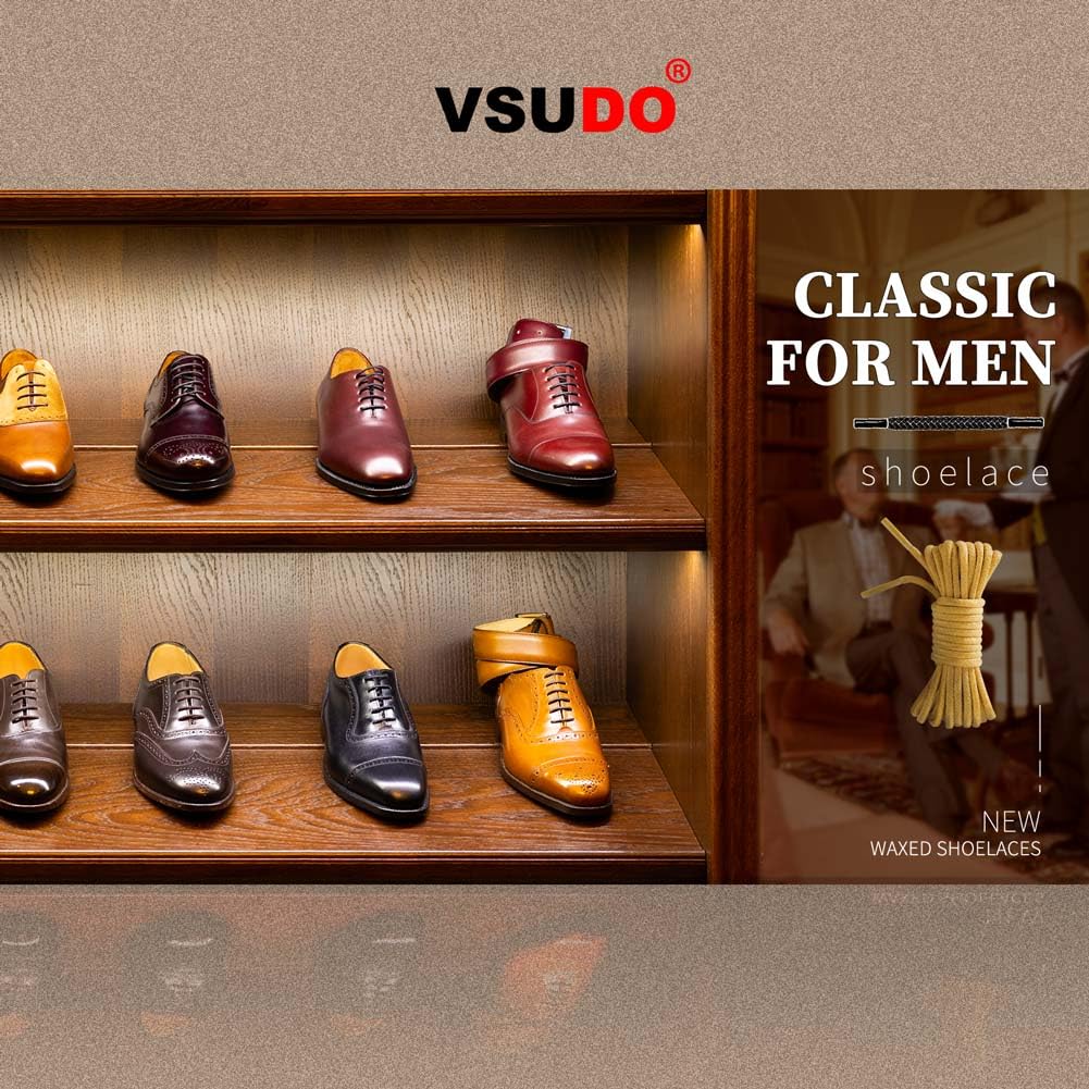 VSUDO Waxed Round 32" Black Dress Shoe Laces for Men, 1/8" Thin Formal Business Oxford Shoe Strings, Dress Shoelaces for Men (2 Pairs-Black-080CM)