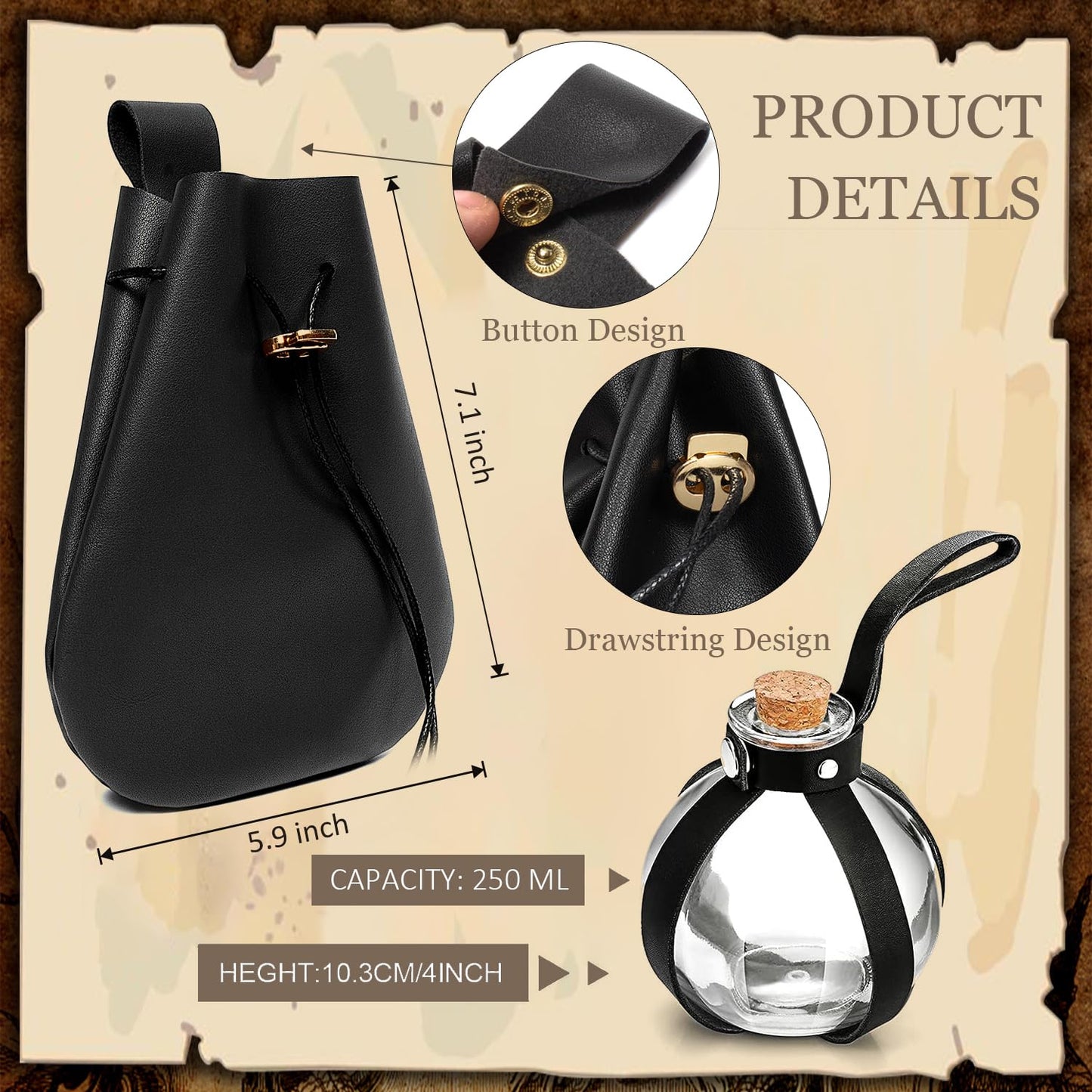 SUMGOGO 5PCS Corset Renaissance Belt Medieval Renaissance Belt Pouch Cork Potion Bottle Hikes Festival Halloween Costume Accessories (Black, L-Waist/32-43")