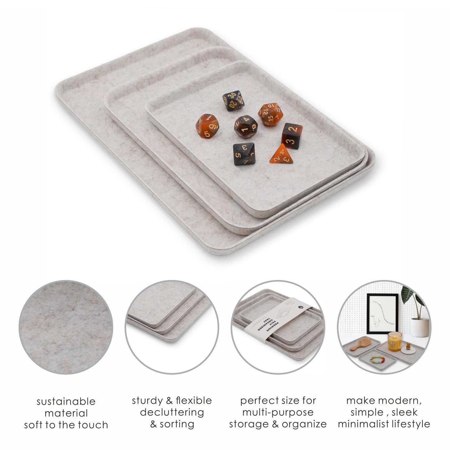 Welaxy Desk Drawer Felt DND dice Games Tray EDC Catchall nightstand multitray Entryway Bedside Caddy Counter Organize for Keys Jewelry Perfume Glasses Watches Sorting 3-Piece (Oatmeal)