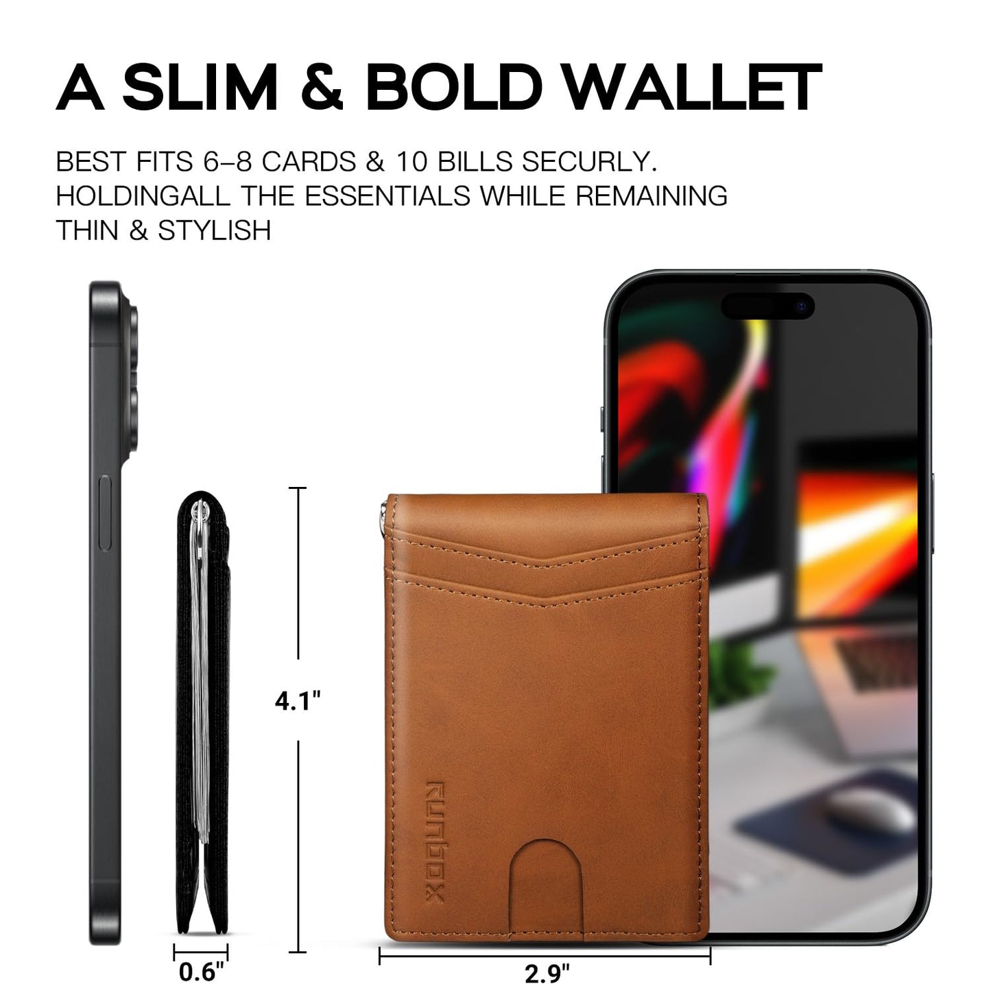 RUNBOX Slim Money Clip Wallets for Men RFID Blocking 8 Card Holder Minimalist Small Thin Carbon Leather Bifold Mens Front Pocket Wallet Gift Box(Desert Brown)