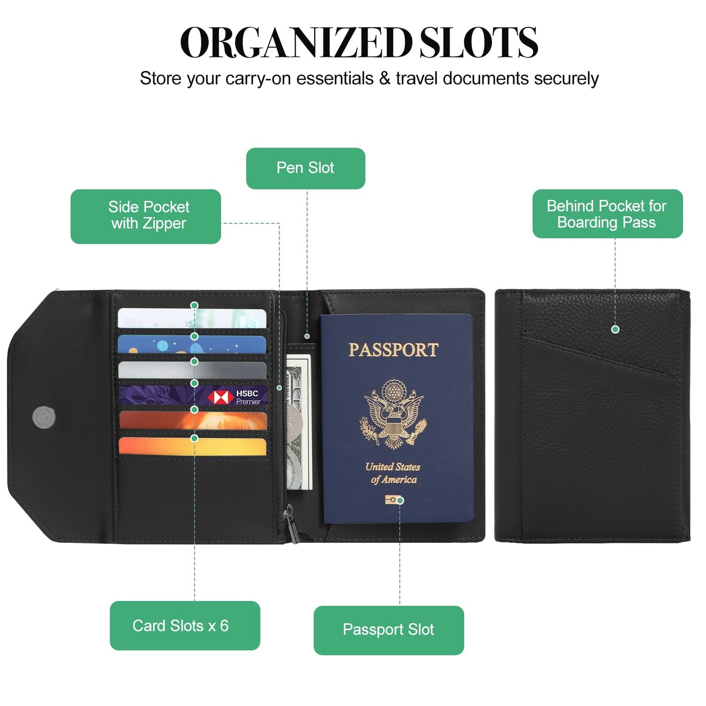 WHHMK Leather Passport Holder for Travel,Rfid Passport Holder Protect Your Card Security,Passport Book Holder for Men Women,Travel Wallet with Cards & Pen Slot,Boarding Pass,Zipper Cash Pocket(Black)
