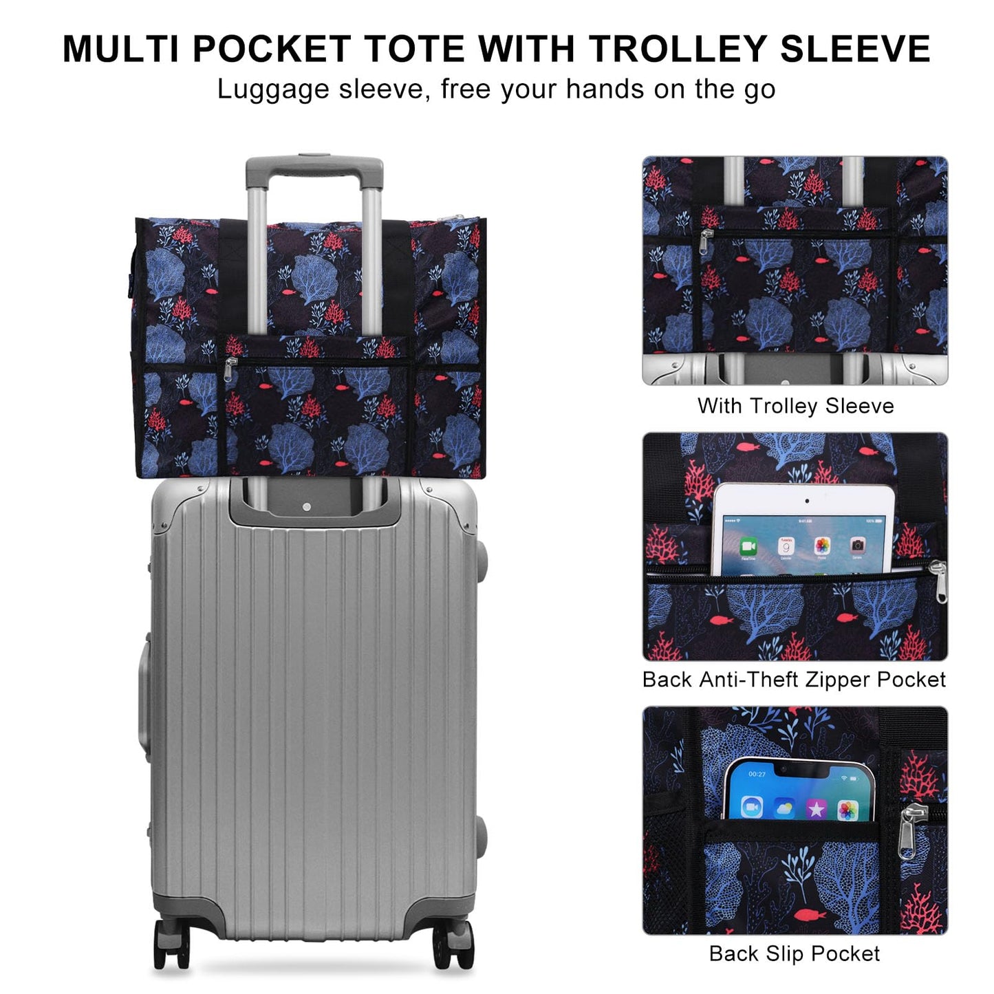 HAWEE Large Utility Bags for Women with Luggage Sleeve and 15.6” Laptop Pocket for Work Air-Friendly Travel Duffel Bag, Coral Leaf