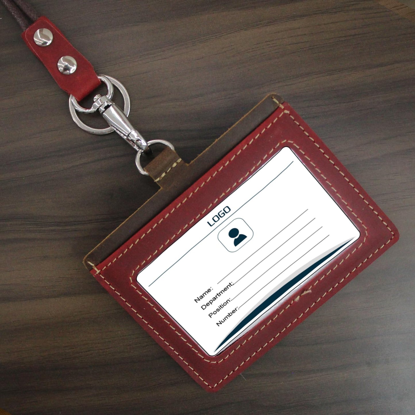 Badge Holder: Boshiho Cowhide Leather ID Badge Card Holder with 19" Neck Lanyard, Horizontal Style (Red)
