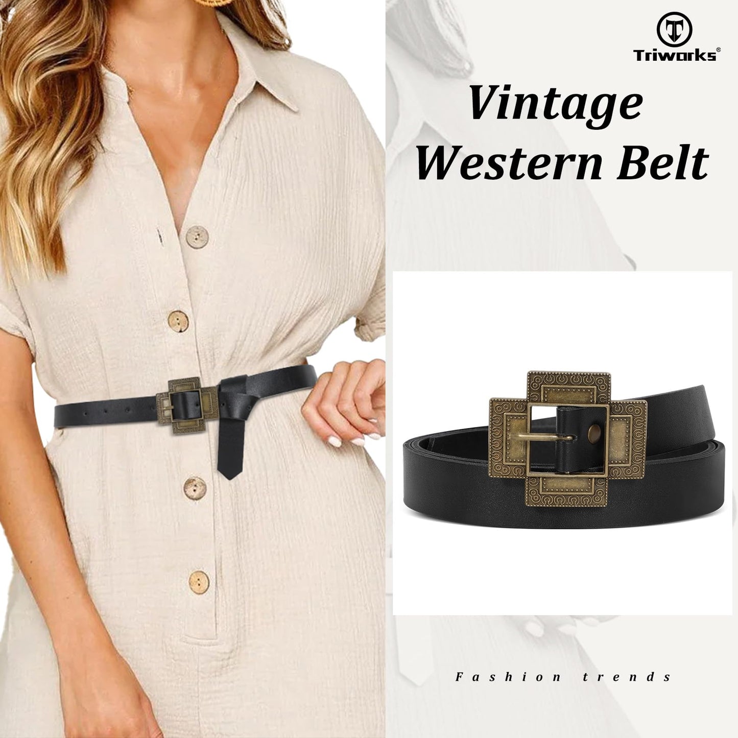 TRIWORKS Women Western Concho Leather Belt Cowgirl Boho Belt Chunky for Dresses Concert Festival