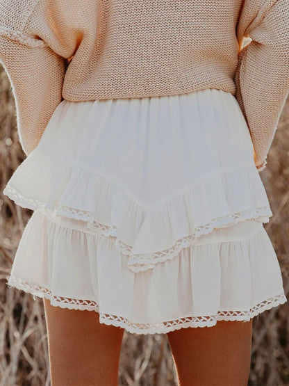 Aoudery Flowy Shorts for Women Casual Boho Ruffle Tiered Skorts High Waist Mini Skirts Golf Tennis Butterfly Crochet Shorts - A White XL
